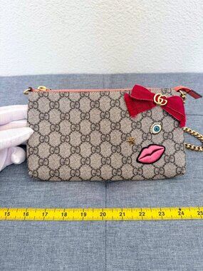 Authentic Gucci GG Supreme Mini Chain Pouch Bag Bow Embroidery
